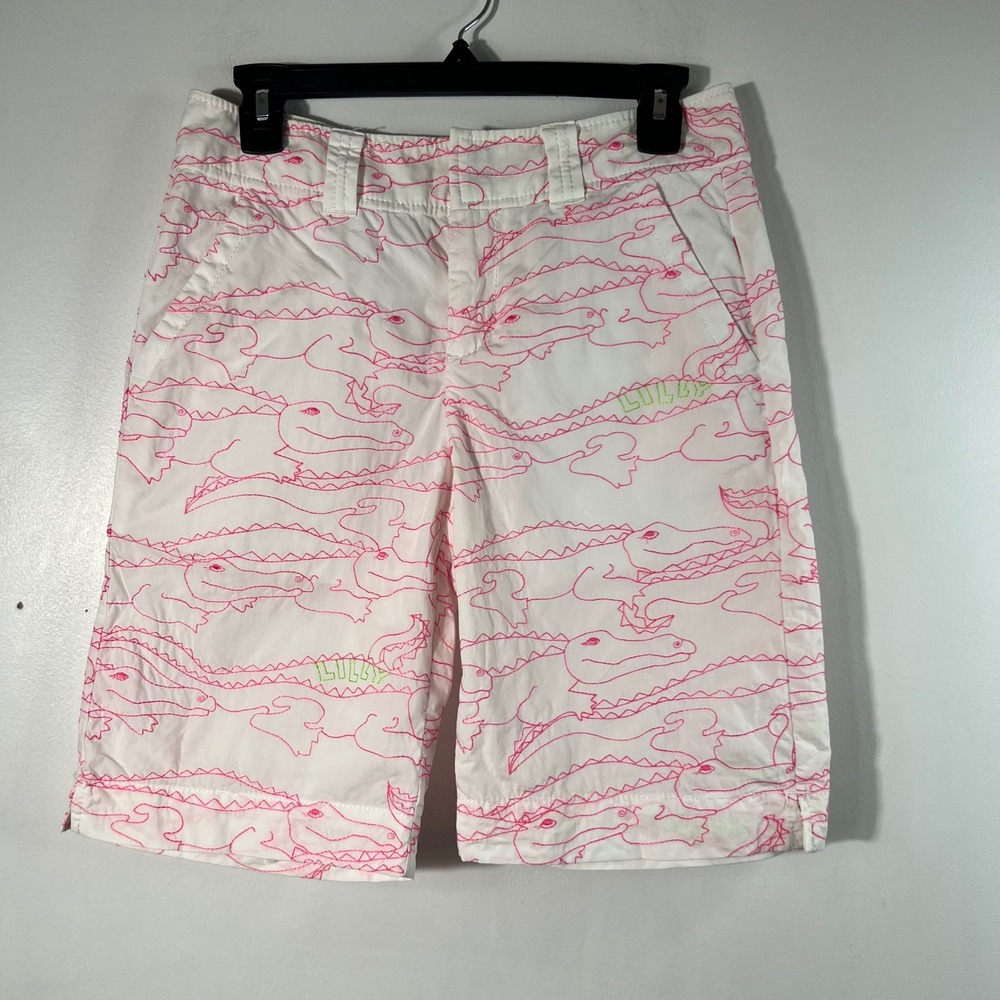 Lilly Pulitzer Resort Fit White Pink Alligator Embroidered Shorts Mens Size 2